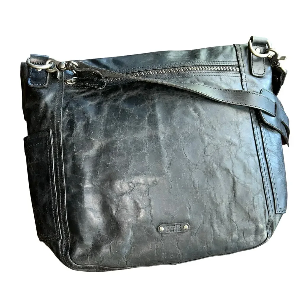 New Frye black leather messenger bag